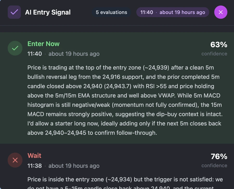 SkyAnalyst AI real-time entry monitoring — live evaluations with confidence scores